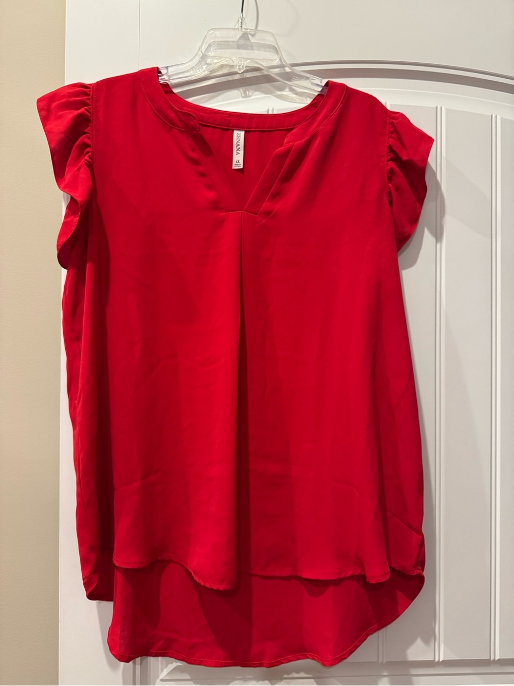 Zenana solid red ruffle cap sleeve blouse size 1XL with mandarin collar.